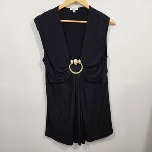 Vintage Cache 90s Y2K Sleeveless Black Knit Top Plunge Neck Gold Metal Accent L
